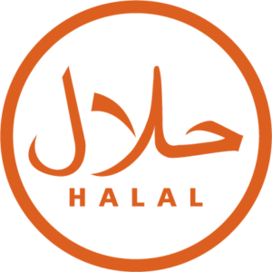 A stylized orange "Halal" logo with an icon of food, signifying food that is halal certified.