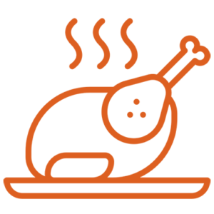 A stylized icon of a steaming plate of chicken, representing a food item.