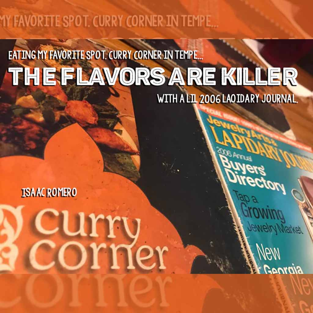 A bright and colorful advertisement for the "Curry Corner" restaurant, showcasing its flavorful dishes.