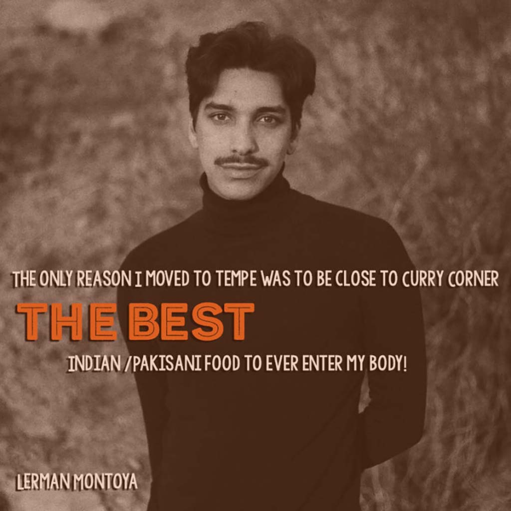 A bright and colorful advertisement for the "Curry Corner" restaurant, showcasing its flavorful dishes.